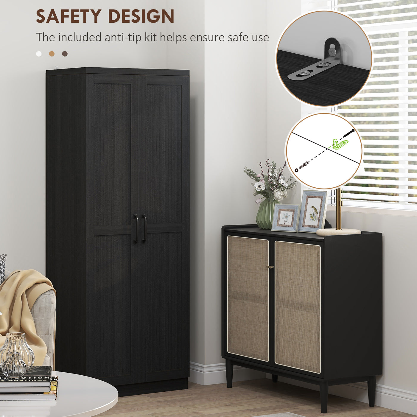 63" Kitchen Storage Cabinet, 5-tier Pantry Cabinet with Doors and Adjustable Shelves for Dining Room, Black