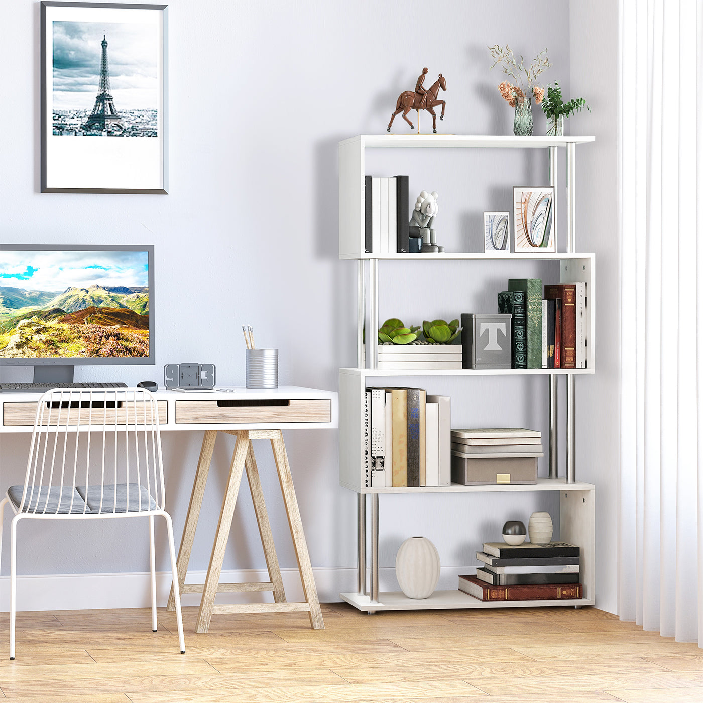 5-Tiers Geometric Wooden Bookcase S-Shaped Storage Bookshelf Display with Metal Frame for Living Room, Bedroom, Home Office, White