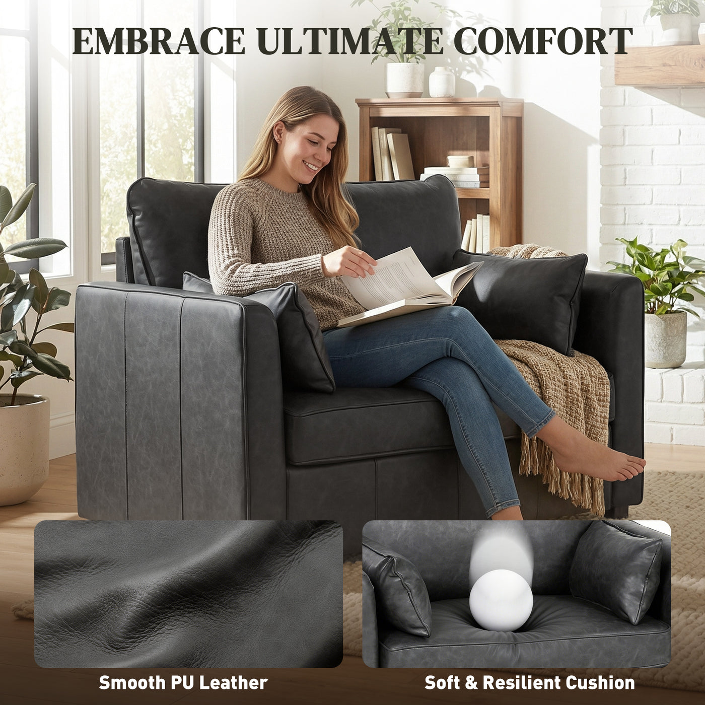 Accent Chair, PU Leather Armchair with Wide Seat, Spring Cushion, Rubberwood legs, 2 Pillows, Black