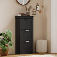 Slim Shoe Cabinet with 3 Flip Drawers and Adjustable Shelves, Narrow Shoe Cabinet for 15 Pairs of Shoes, Black