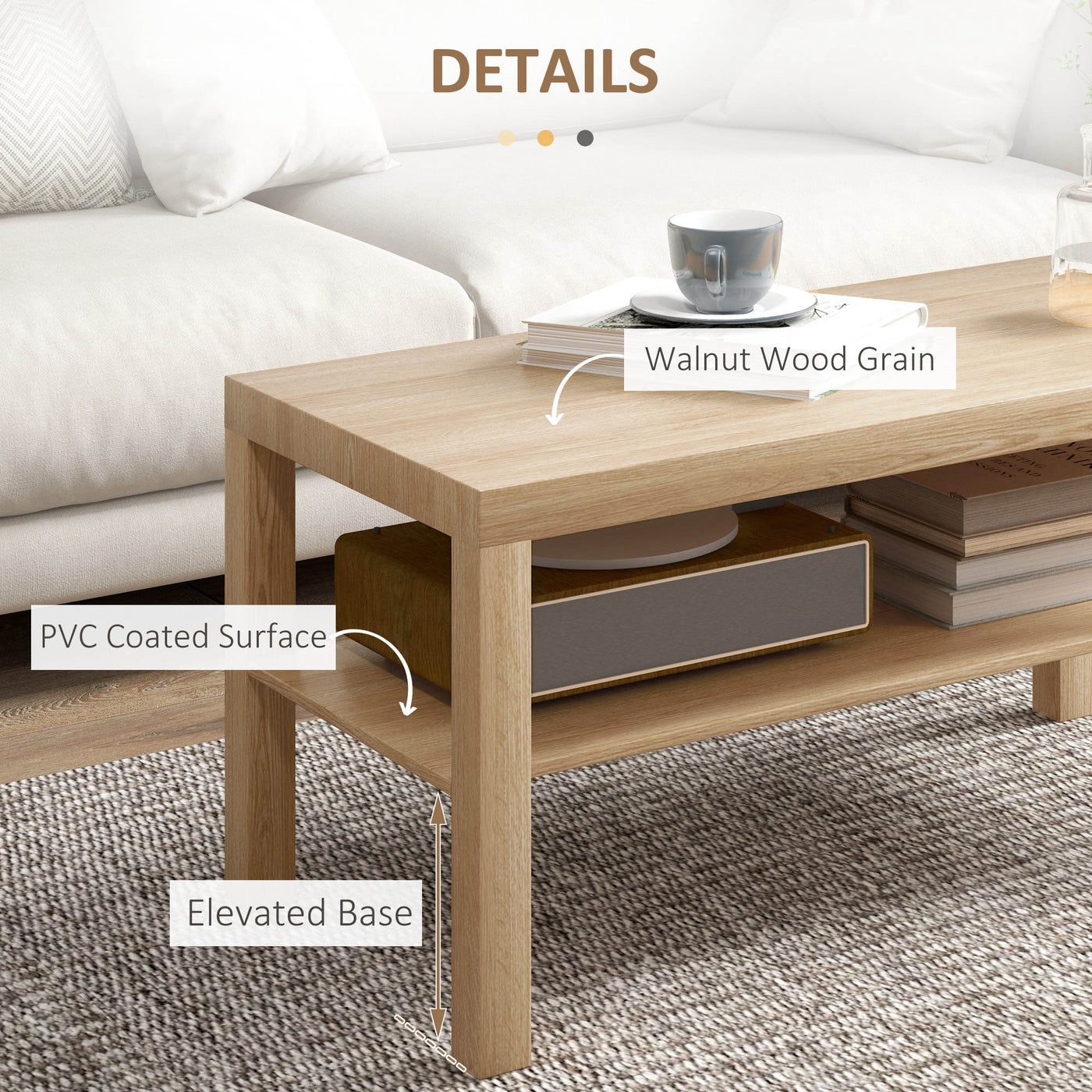 2 Tier Coffee Table with Storage Shelf, Rectangular Center Table for Living Room, Home Office Furniture Nature Wood