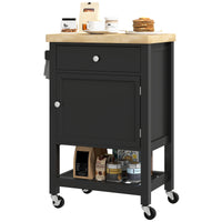 Kitchen Island on Wheels, Rolling Kitchen Cart with Wood Top, Towel Rack, Drawer and Shelf for Dining Area, Black