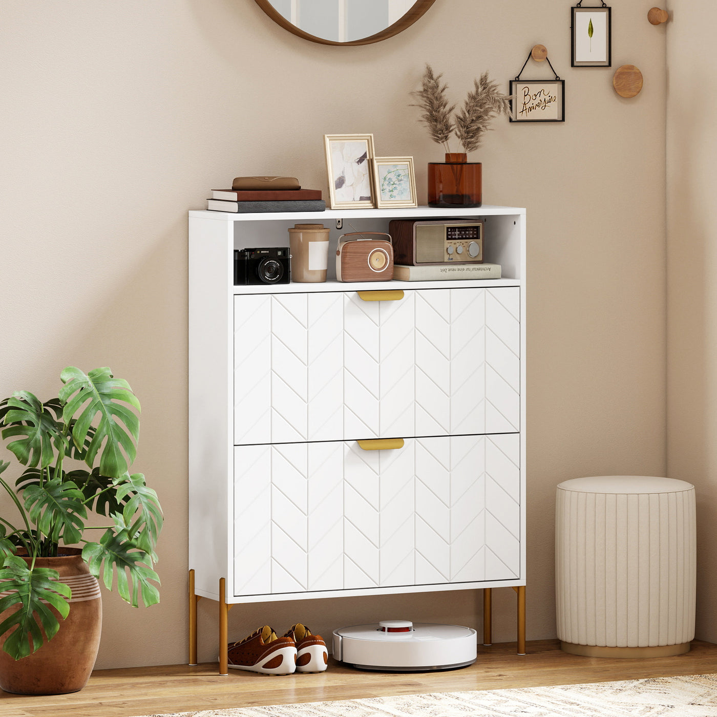 Shoe Cabinet with 2 Flip Drawers, Modern Narrow Shoe Storage Cabinet with Open Compartment, Adjustable Shelves, White