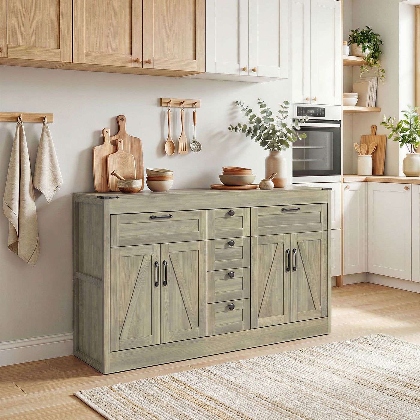 Sideboard Buffet Cabinet, 55" Farmhouse Kitchen Cabinet with 4 Barn Doors, 6 Drawers and 2 Adjustable Shelves, Grey