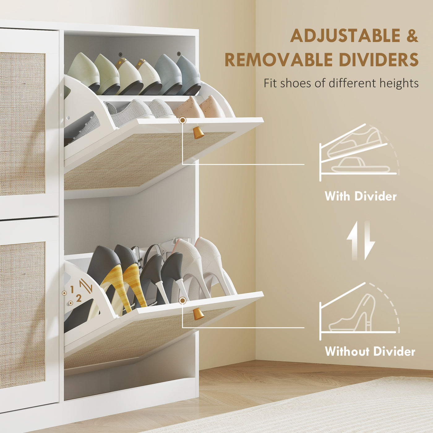 Narrow Shoe Storage Cabinet, Rattan Shoe Cabinet with 4 Flip Drawers and Adjustable Shelves for 20 Pairs, White