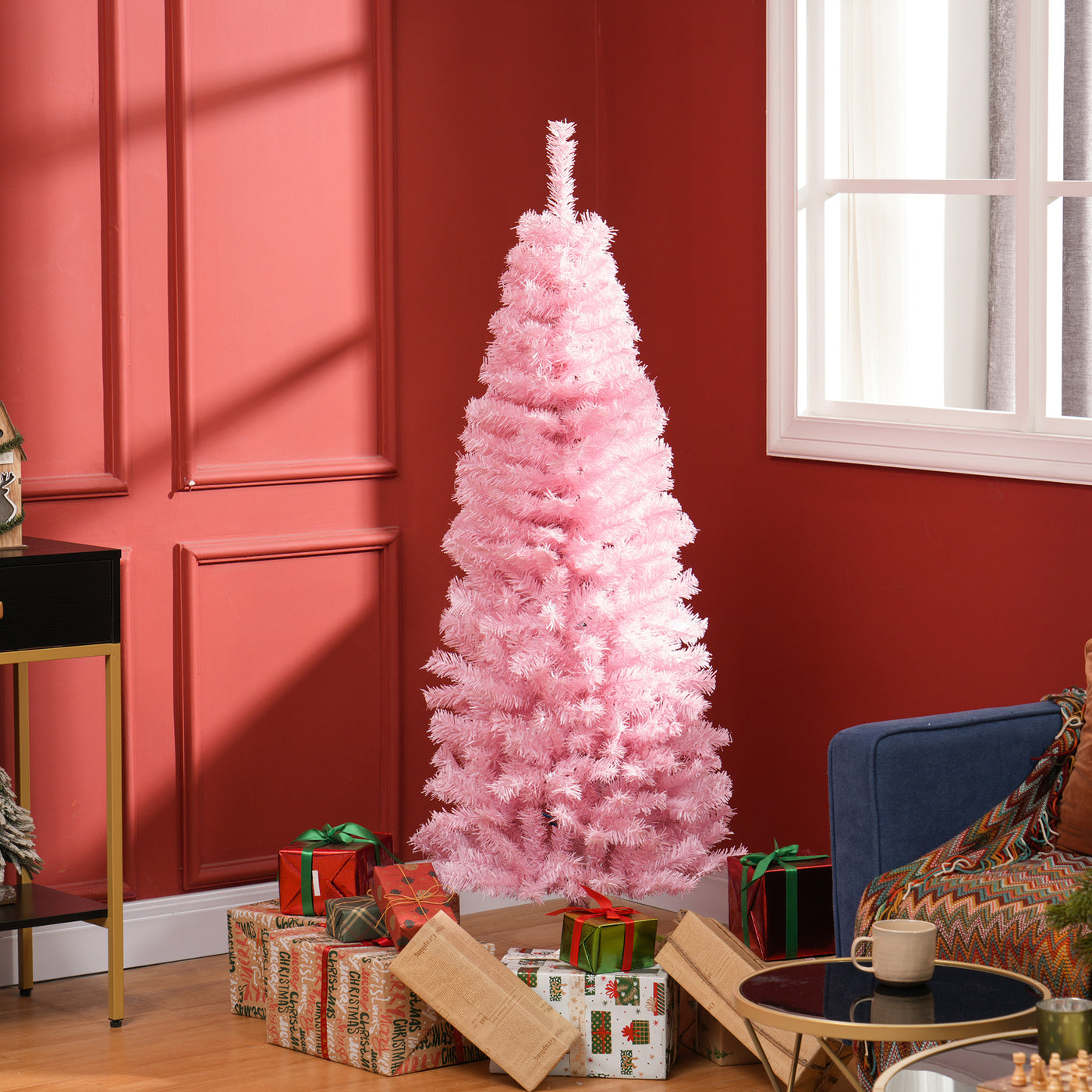 5FT Pencil Christmas Tree, Artificial Christmas Tree with Automatic Open for Home Party, Pink