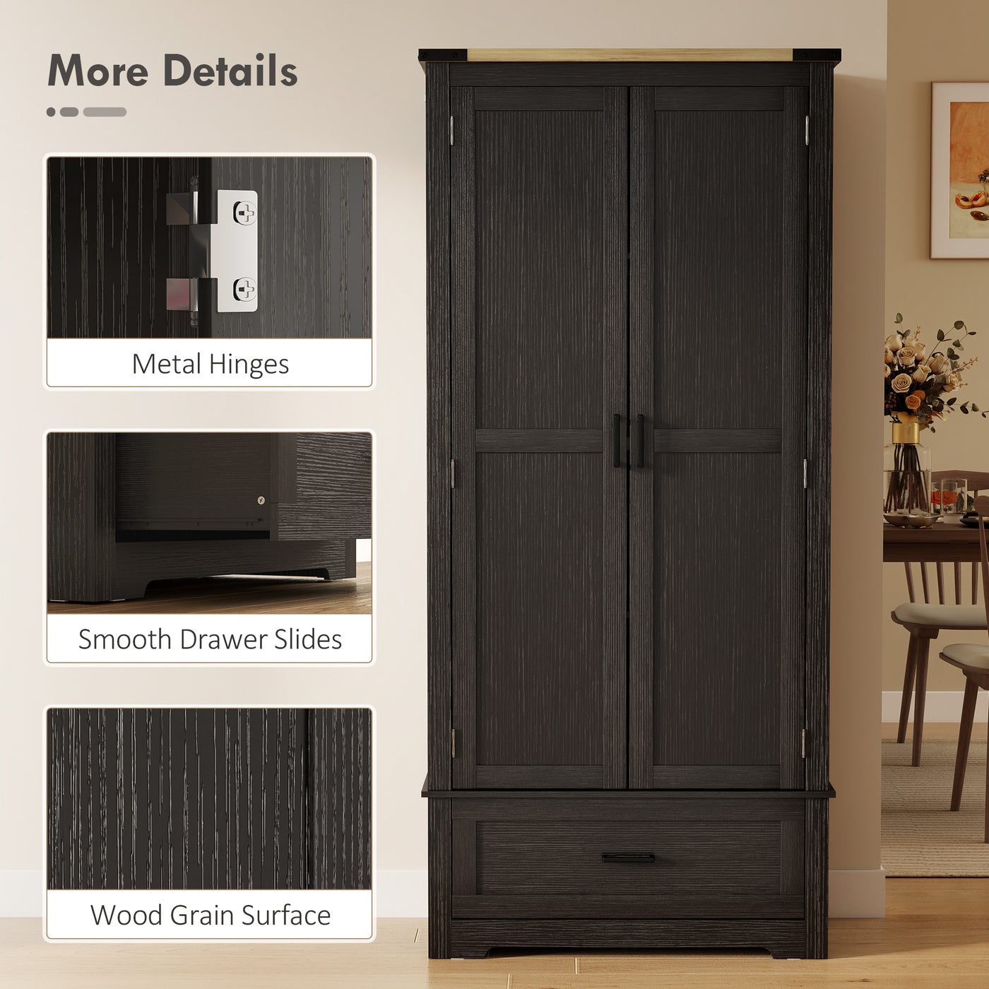 69" Tall Farmhouse Kitchen Pantry Cabinet with 2 Doors, Drawer and Adjustable Shelves, Black and Brown