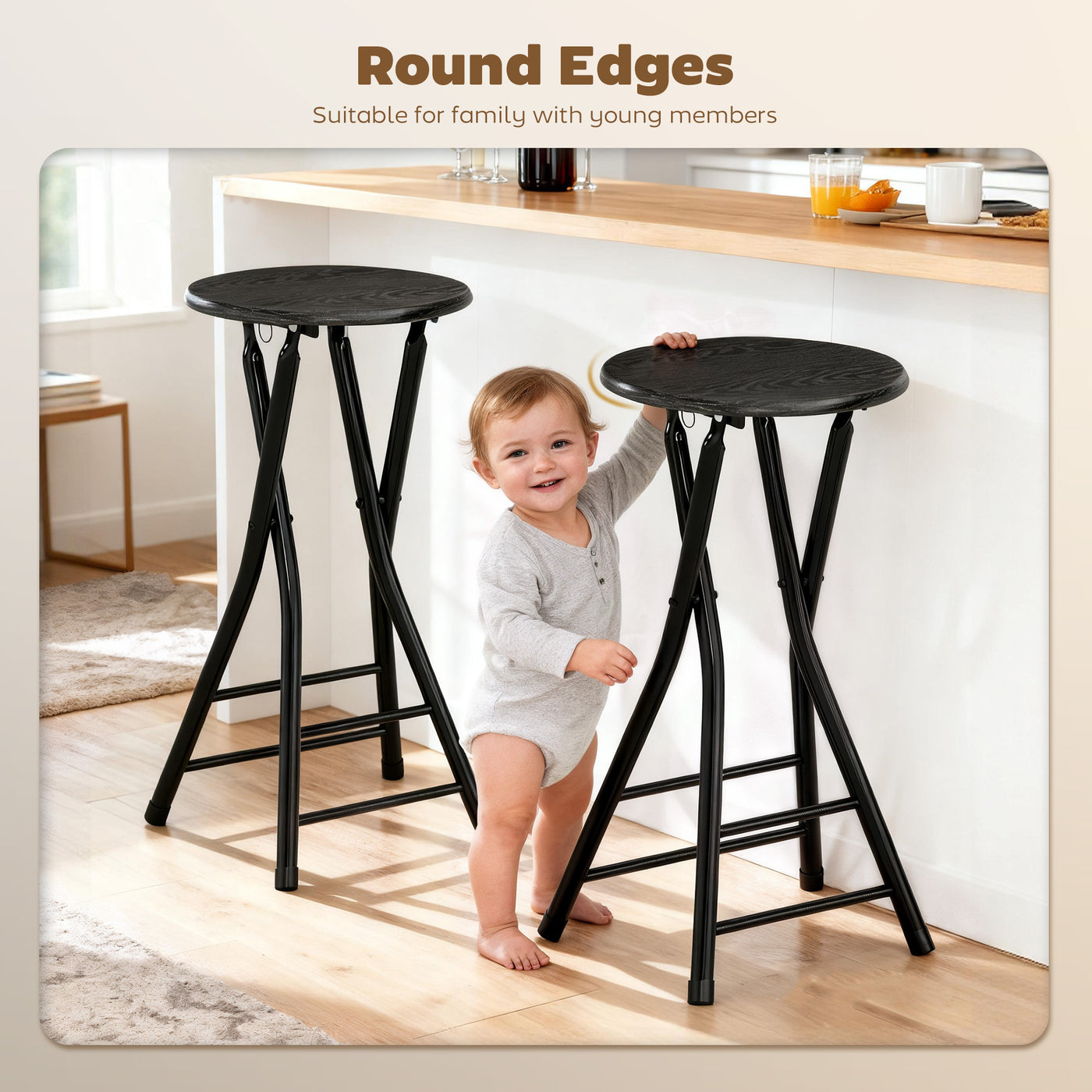 Set of 2 Foldable Barstools, Counter Height Bar Stools with Footrest and Steel Legs for Kitchen Island, Black
