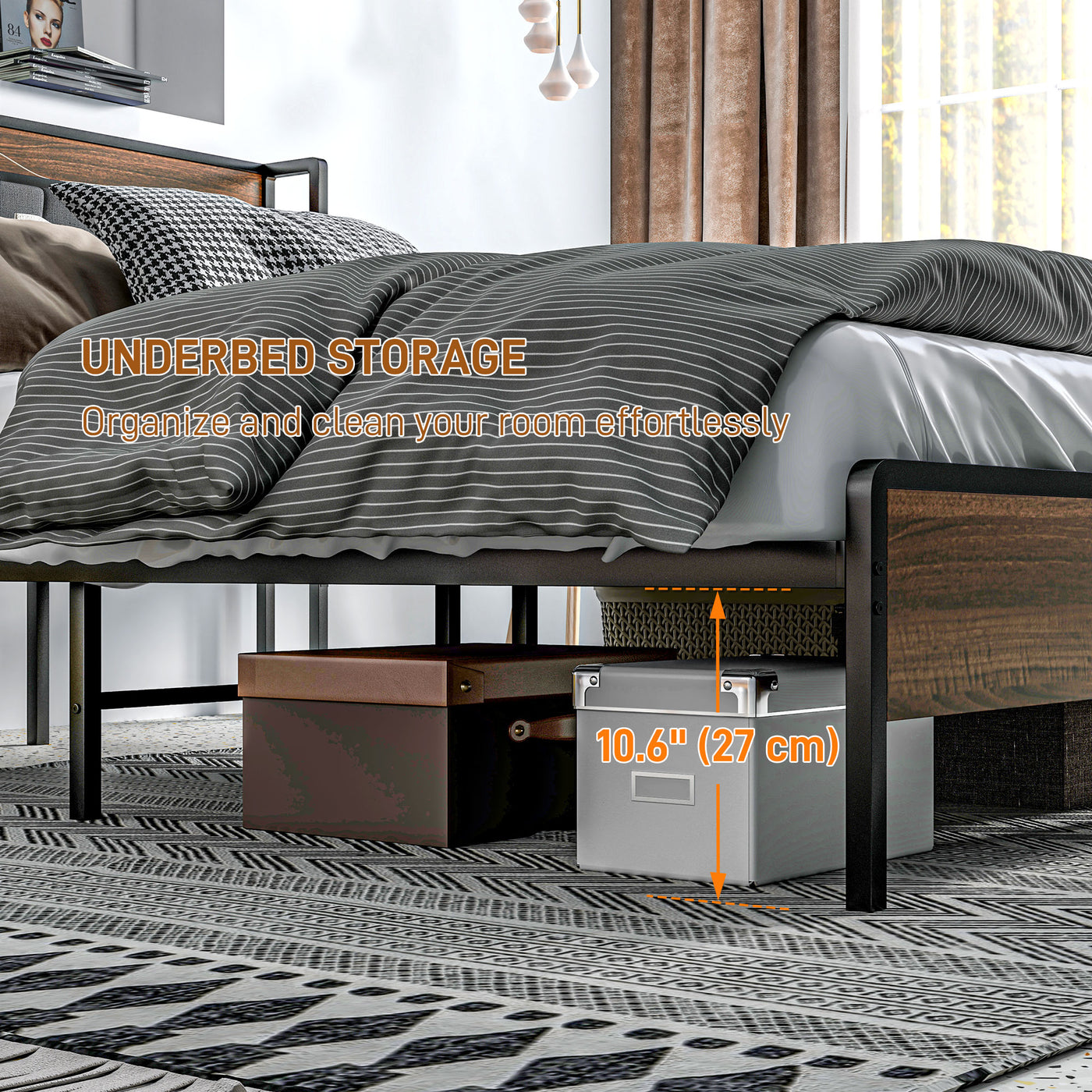 Full Size Bed Frame with Charging Station, Full Bed Frame with Upholstered Headboard and Storage Shelf, Walnut