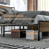 Full Size Bed Frame with Charging Station, Full Bed Frame with Upholstered Headboard and Storage Shelf, Walnut