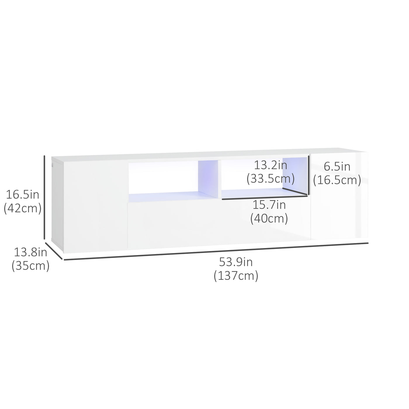 TV Stand for TVs up to 60", TV Unit with LED Lights, Storage Shelves and Cupboards, 53.9" x 13.8" x 16.5", White