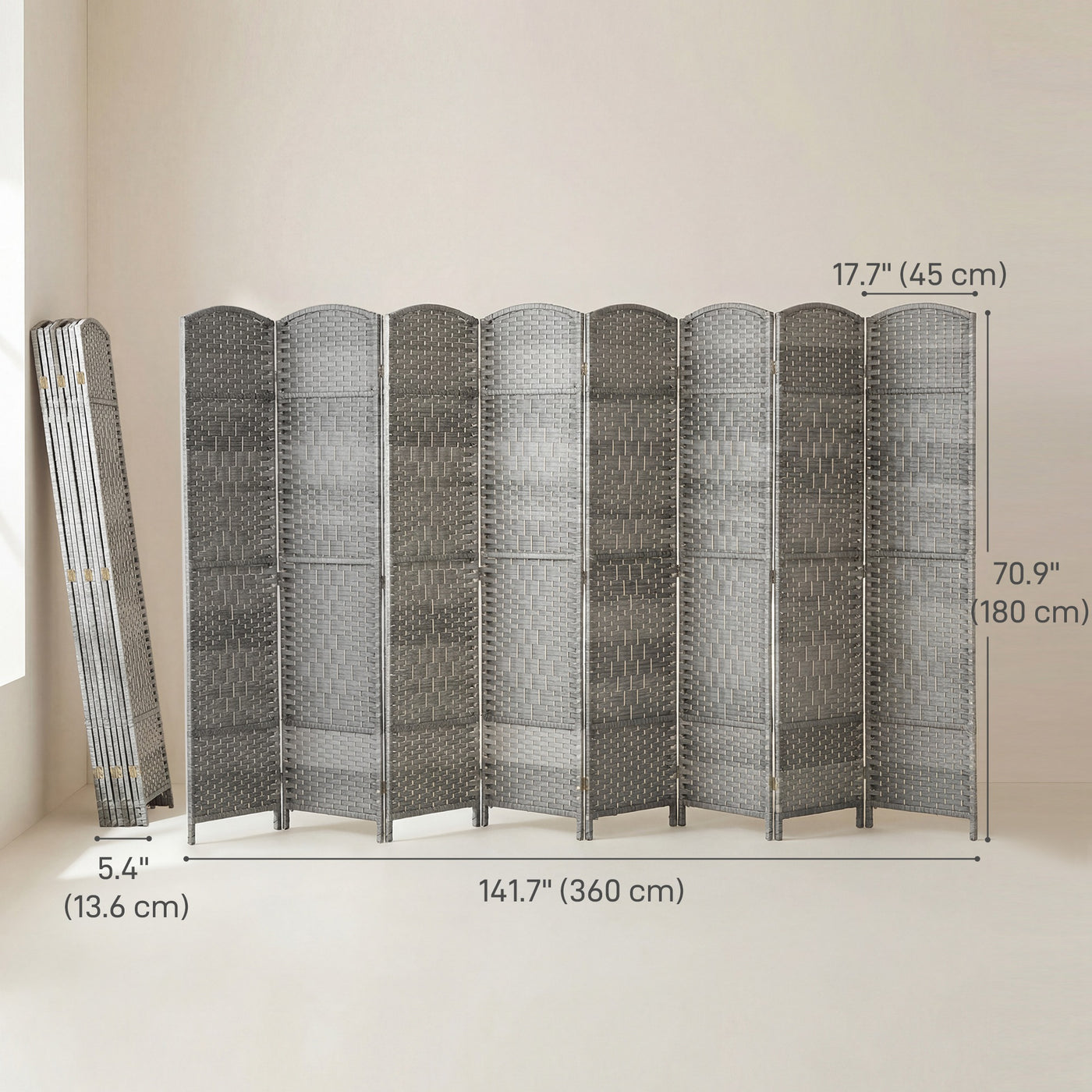 6 Ft Tall Folding Room Divider, 8 Panel Portable Privacy Screen, Hand-Woven Partition Wall Divider, Mixed Grey