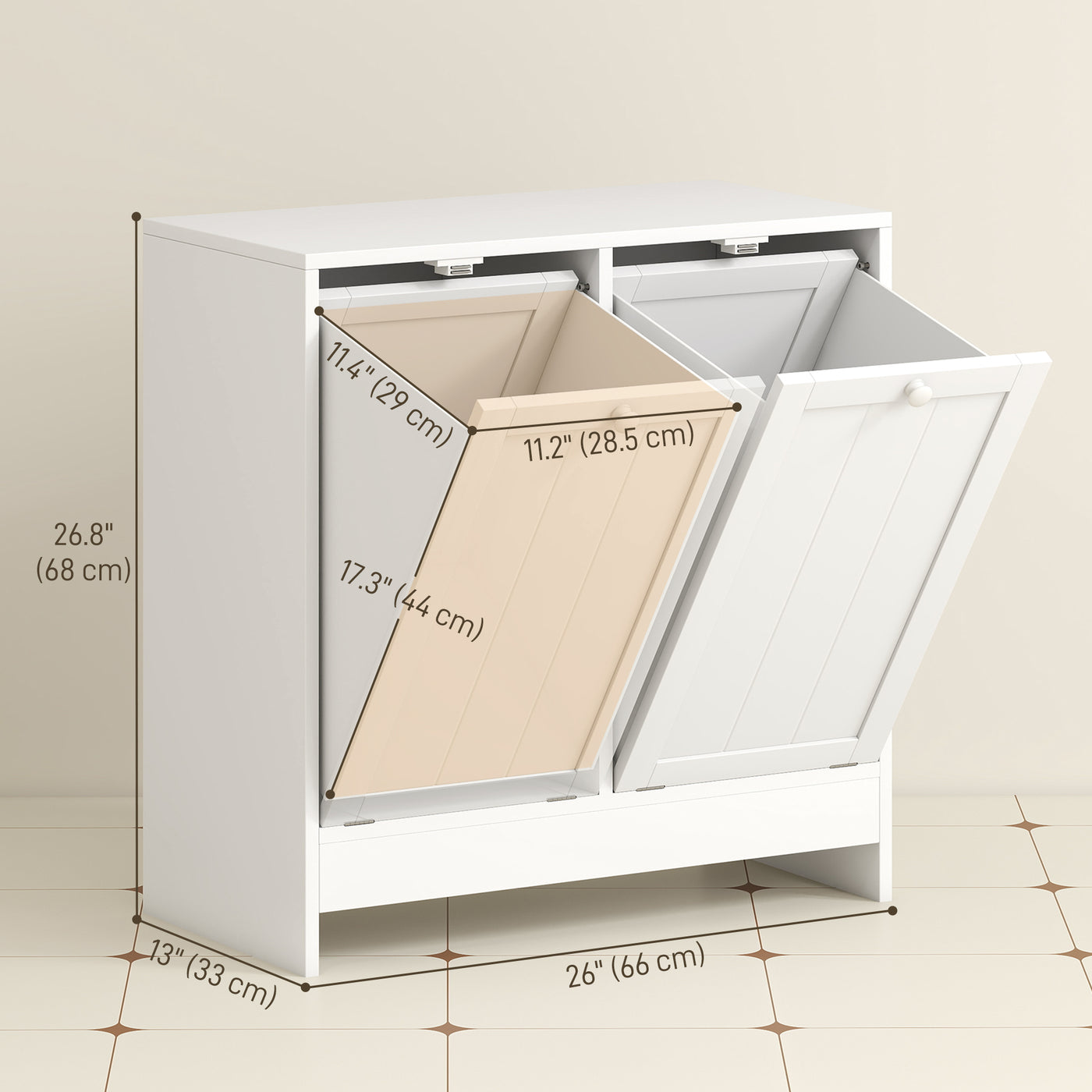 Tilt-Out Laundry Storage Cabinet, Modern Laundry Hamper with 2 Compartments for Bathroom Washroom, White
