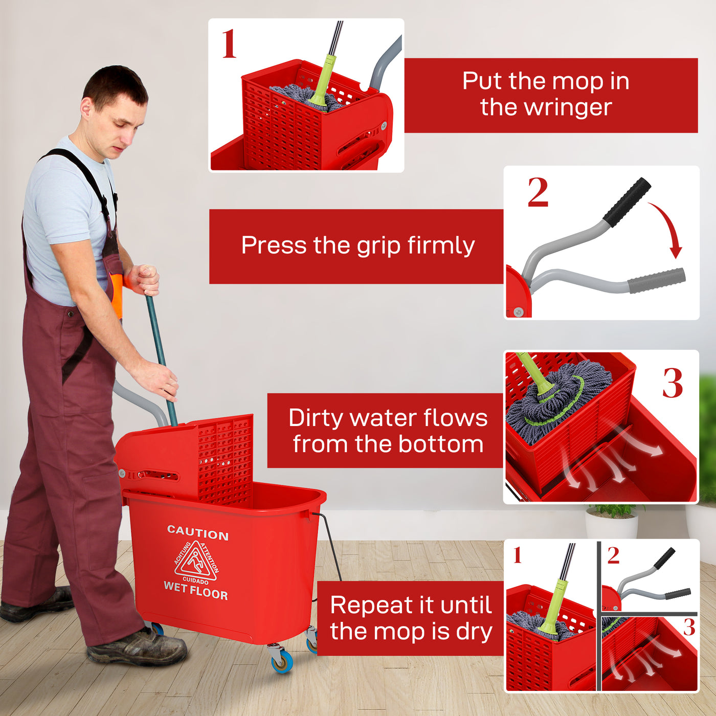 Compact Mop Bucket with Wringer, Mop Bucket on Wheels for Floor Cleaning, 5 Gallon, Separate Dirty and Clean Water, Red