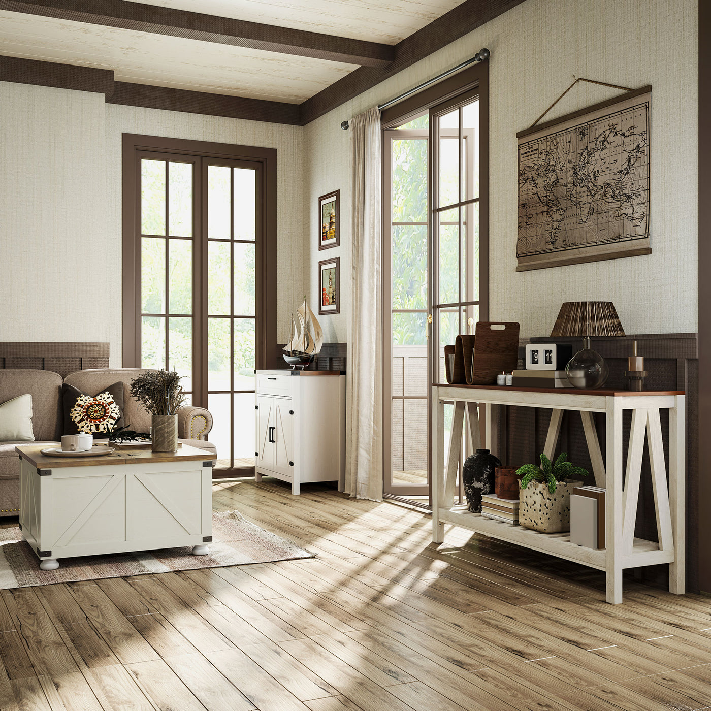 Farmhouse Kitchen Storage Cabinet, Sideboard Buffet Cabinet with 2 Rustic Barn Doors and Drawer, White