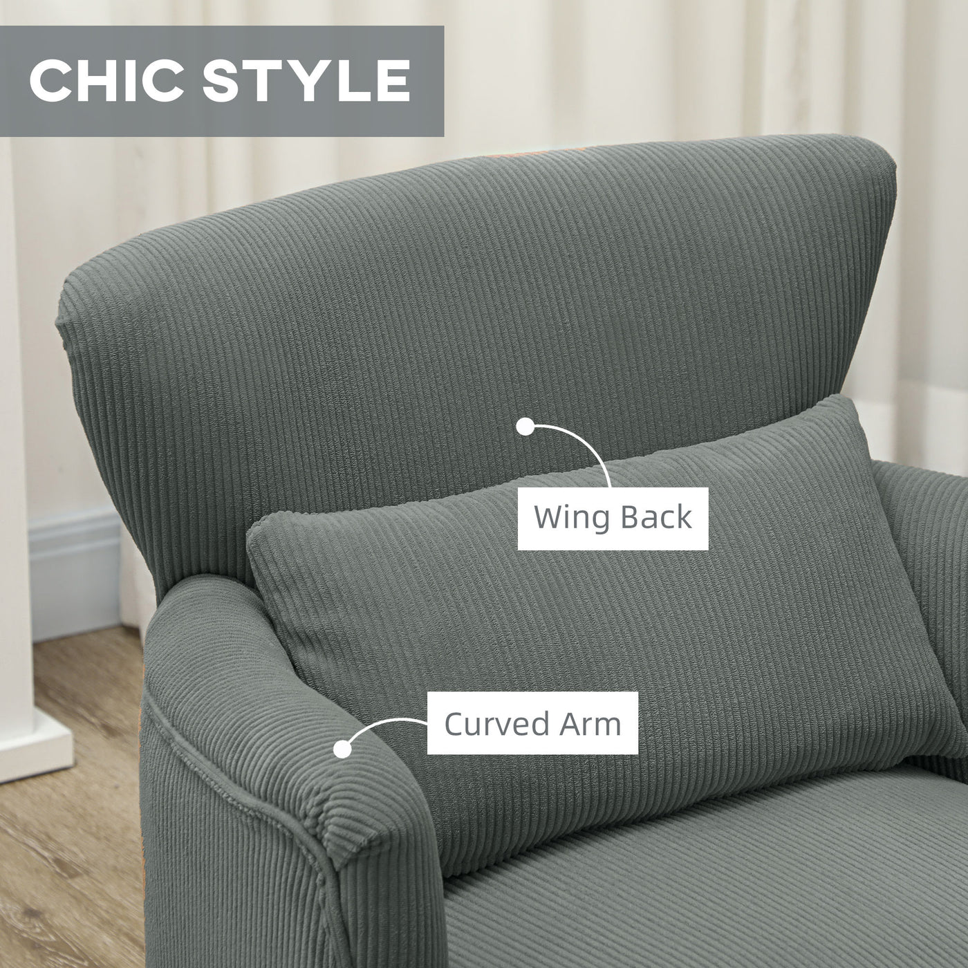 Modern Accent Chair, Upholstered Armchair with Solid Wood Legs and Lumbar Pillow for Living Room, Grey