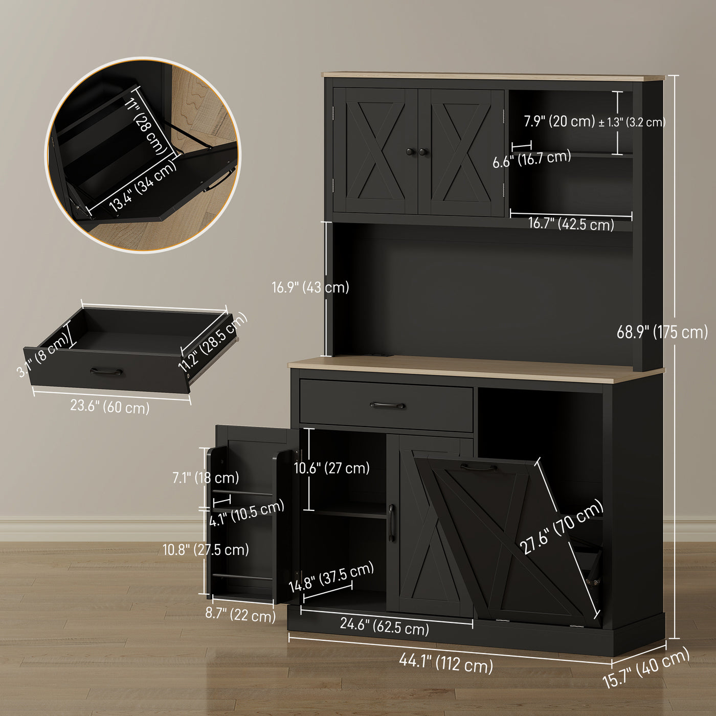 69" Pantry Cabinet with Charging Station, Kitchen Cabinet with Microwave Stand, Tilt-Out Trash Can Cabinet, Black