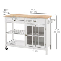 Kitchen Cart on Wheels, Utility Storage Island with Rubber Wood Top, Towel Rack, Cabinets, Drawers, White