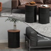 Round Side Table Set of 2, Nesting Coffee Tables w/ Wooden Lid, Metal Frame and Hidden Storage Space for Bedroom, Black
