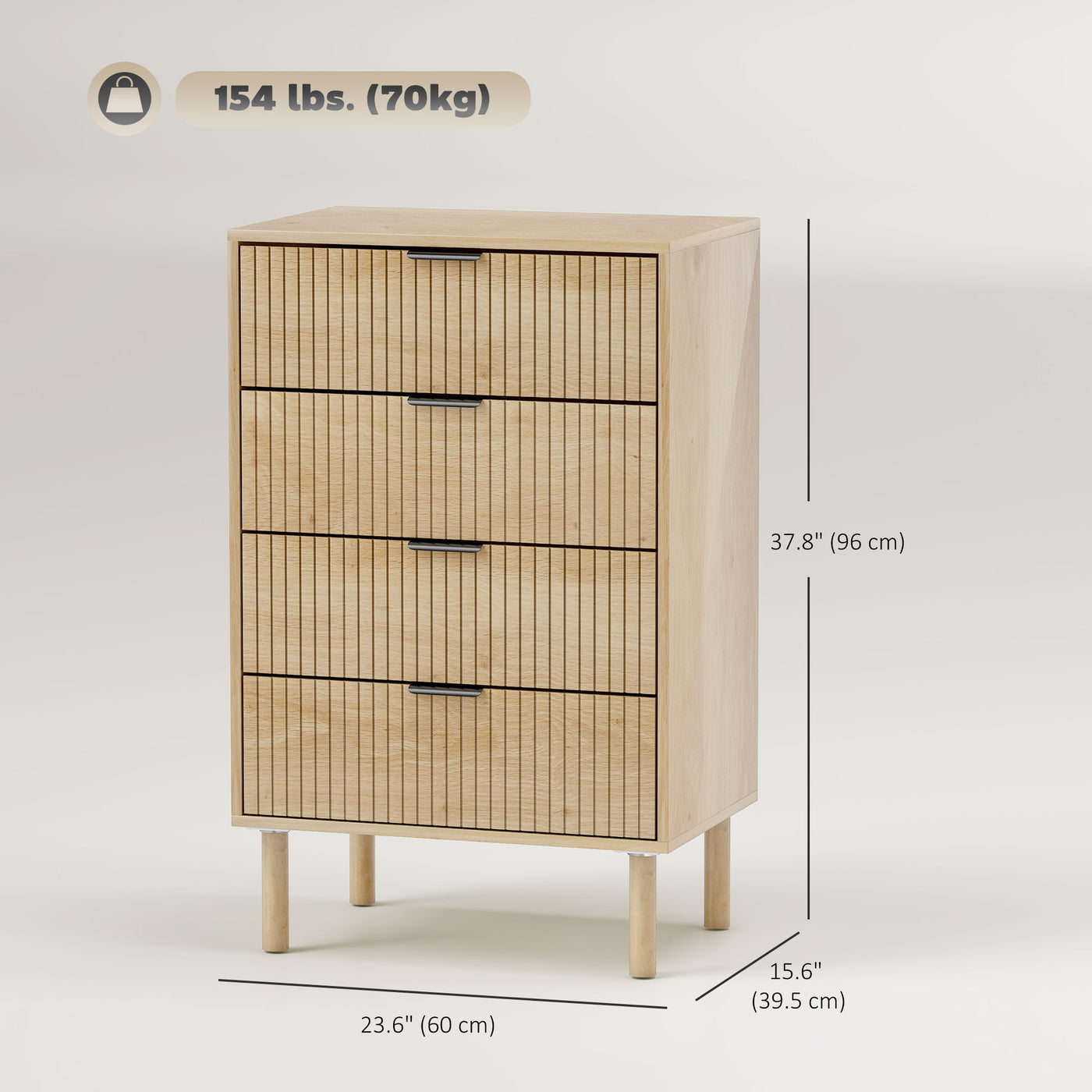 Chest of Drawers, 4 Drawer Dresser with Fluted Panels and Solid Wood Legs, Storage Cabinet for Living Room, Oak
