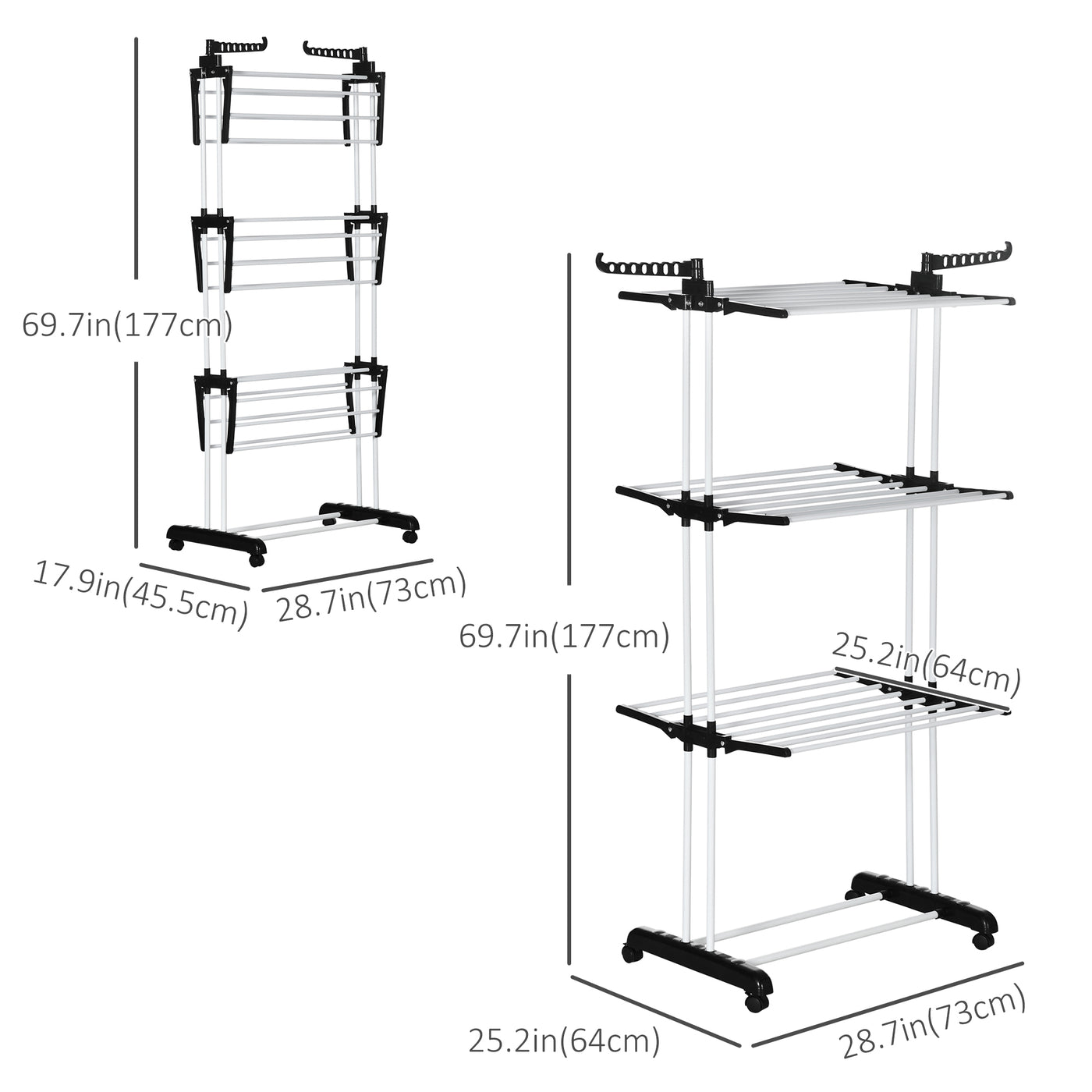 Foldable Clothes Drying Rack, 4-Tier Steel Laundry Rack for Drying Clothes with 2 Side Wings and 4 Castors, Indoor and Outdoor Use, Black