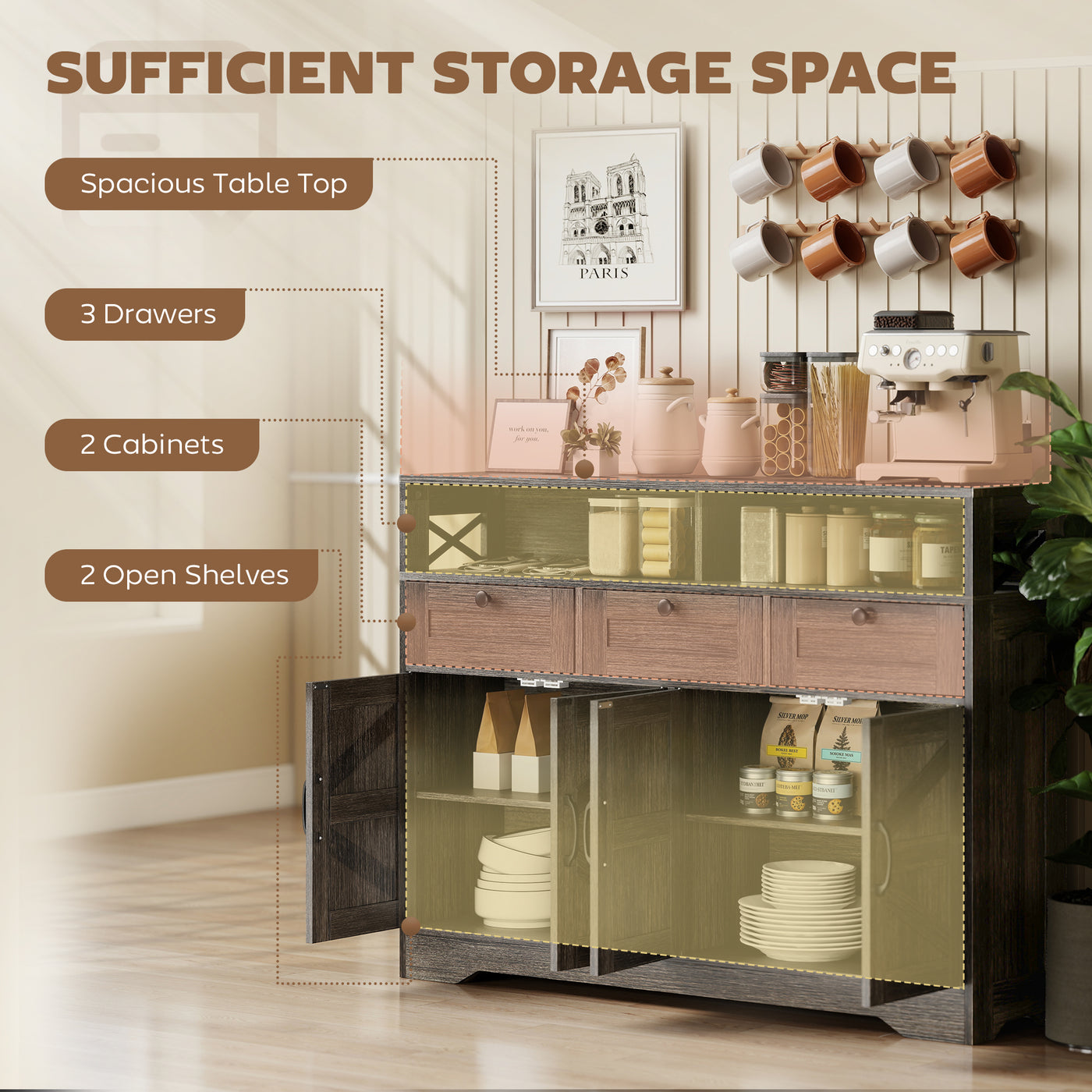 Sideboard, Buffet Cabinet with 4 Barn Doors and 3 Drawers, Coffee Bar Cabinet with Adjustable Shelves, Dark Brown