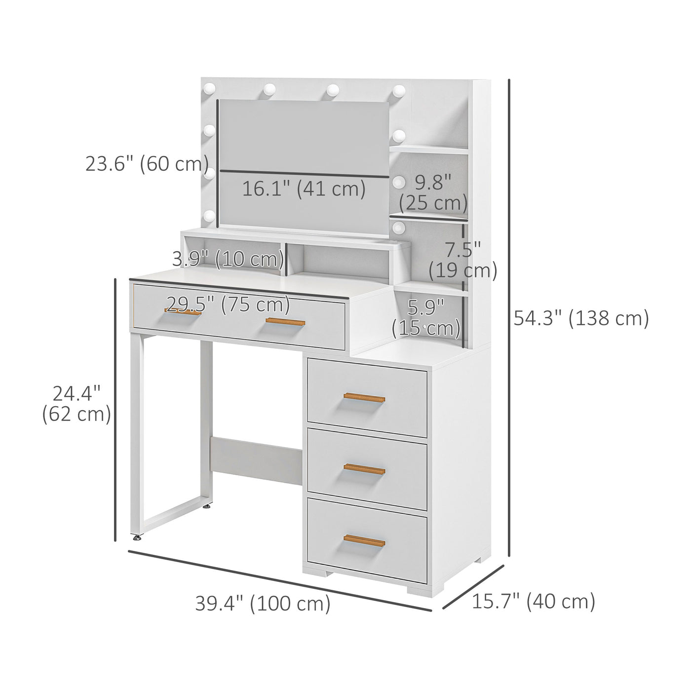 Illuminated Dresssing Table, LED Vanity Table with Mirror, Drawer and Storage Shelves for Bedroom, White