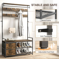 6-In-1 Hall Tree with Shoe Storage, Coat Rack Shoe Storage with 10 Hooks, 2 Fabric Drawers, Rustic Brown