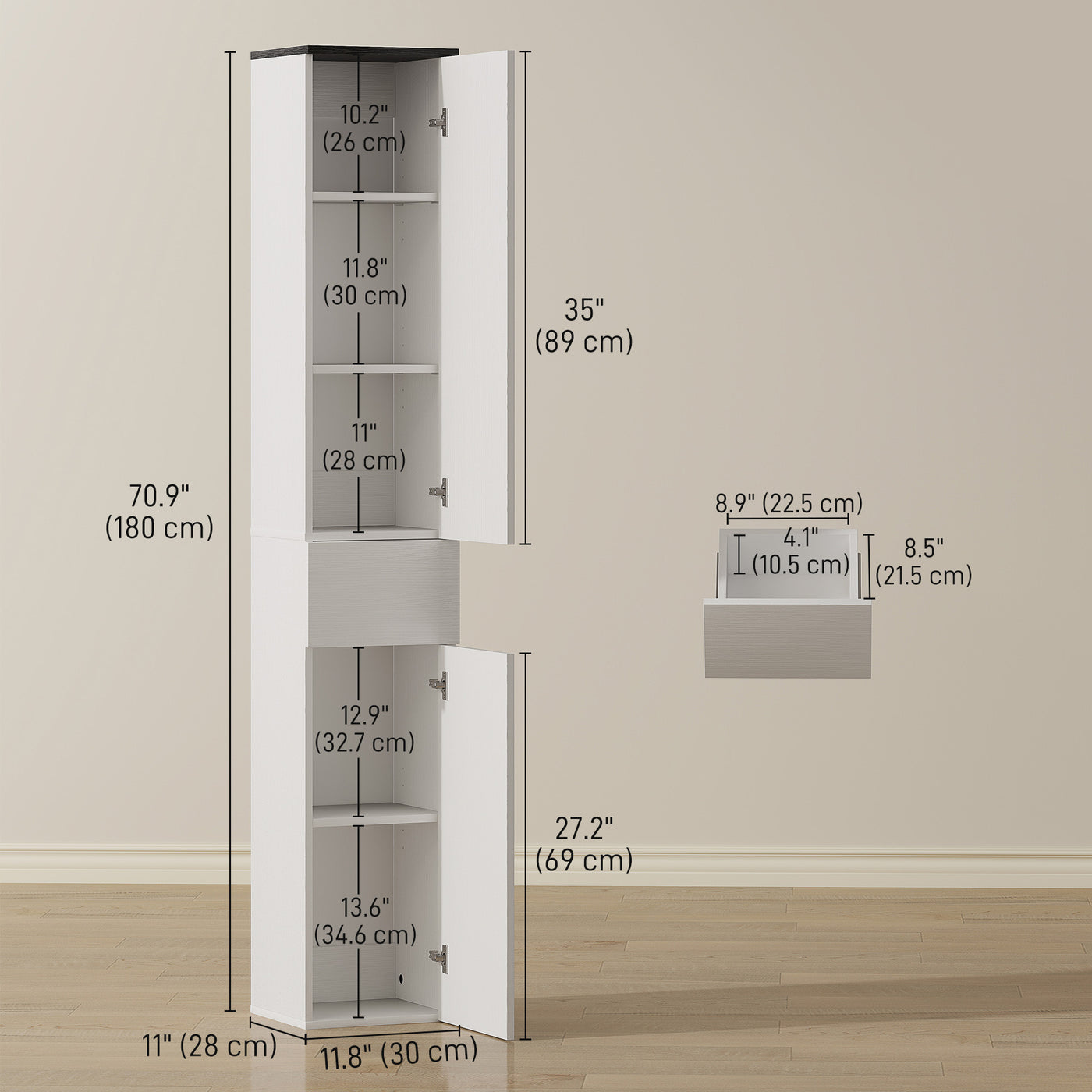 Tall Bathroom Cabinet with 2 Cupboards and Drawer, Slim Bathroom Storage Cabinet with Adjustable Shelves, White
