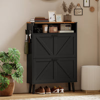 Shoe Storage Cabinet with 2 Flip Drawers, Farmhouse Narrow Shoe Cabinet, Holds Up to 16 Pairs, Black