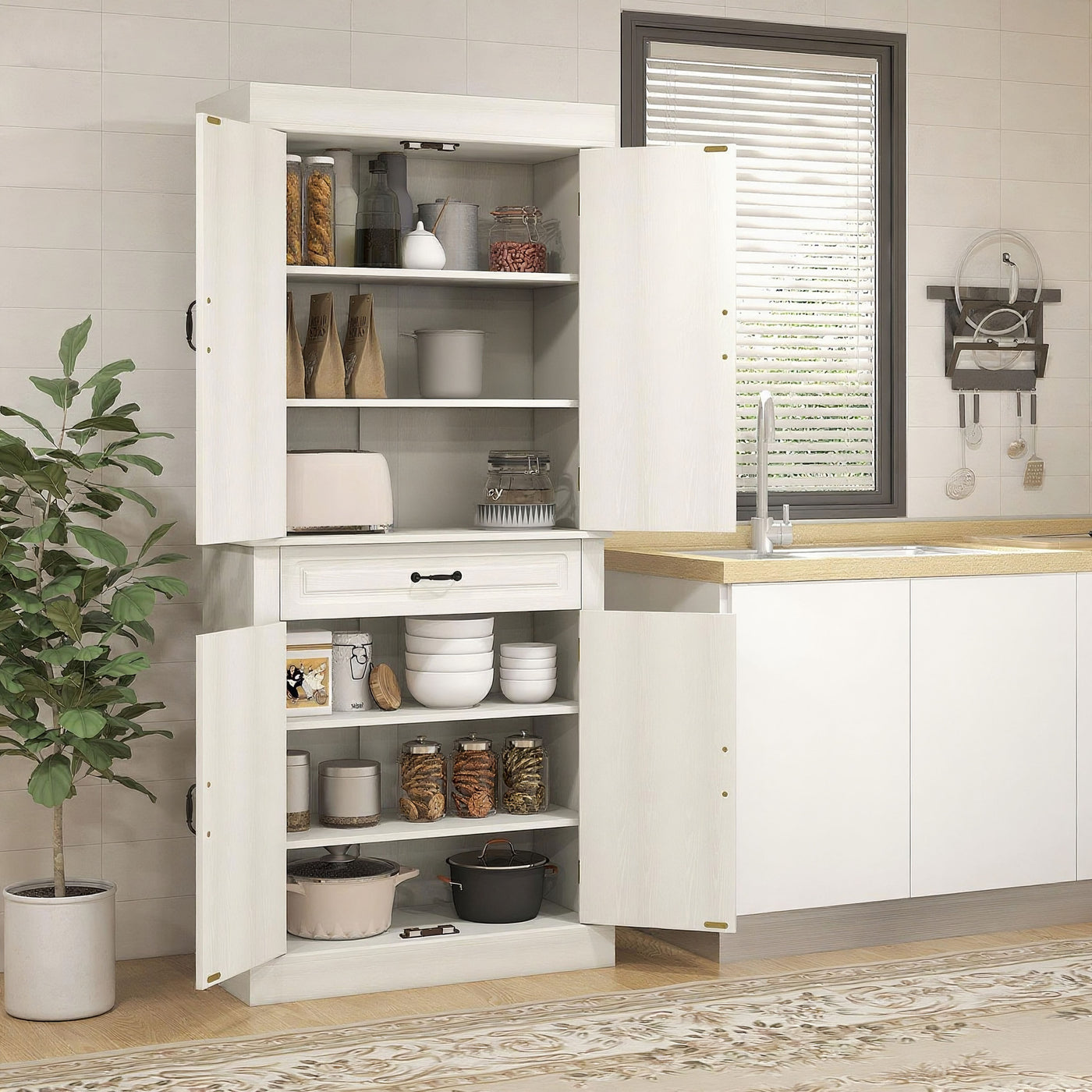 71" Freestanding Kitchen Pantry with 4 Doors and 2 Cabinets, Tall Storage Cabinet for Kitchen, Distressed White