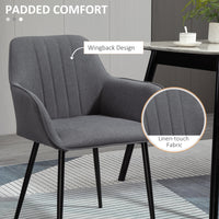 Dining Chairs Set of 2, Linen Upholstery Accent Chair with Back, Armrest, Metal Legs, Dark Grey
