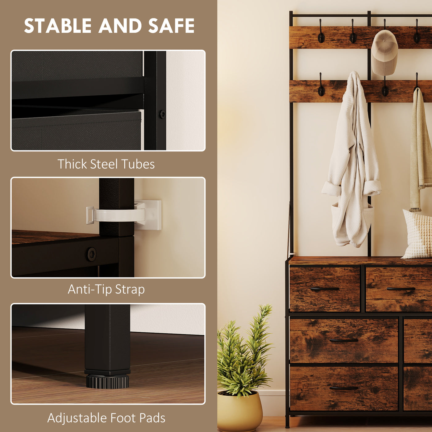 4-In-1 Coat Rack with 7 Drawer Fabric Dresser, Hall Tree with 14 Hooks for Hallway, Entryway, Bedroom, Rustic Brown