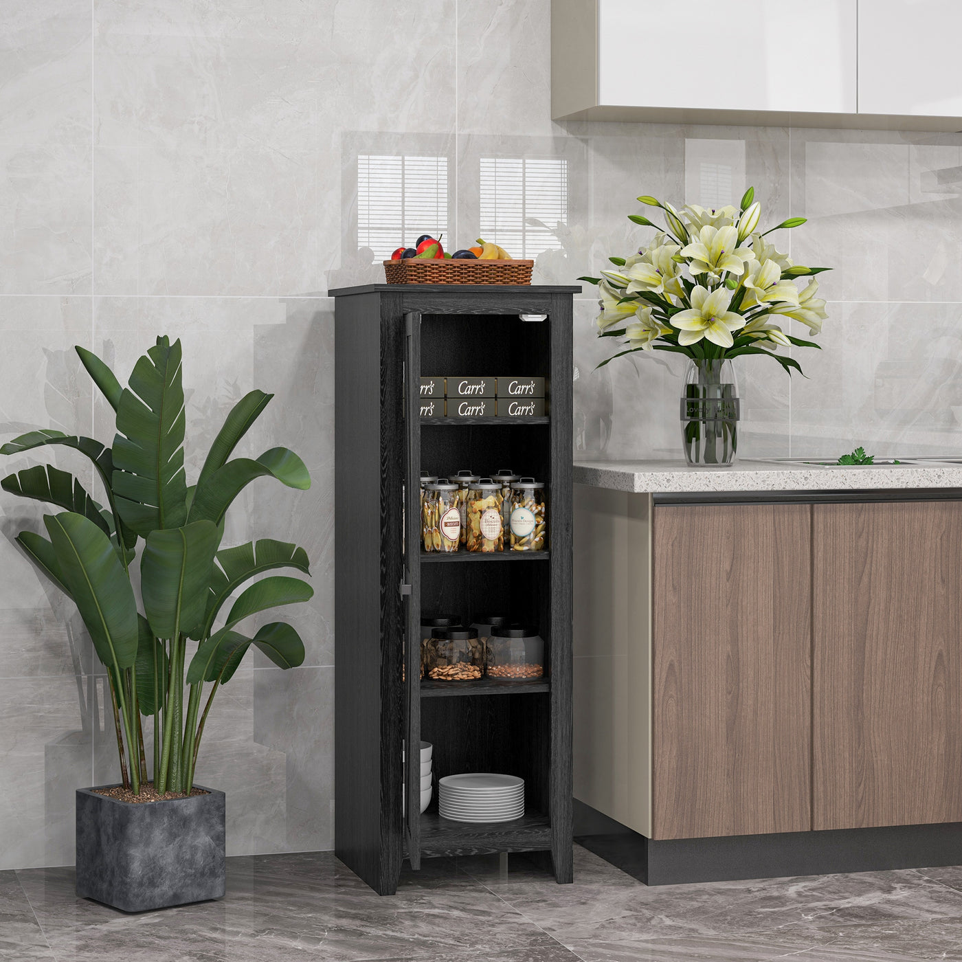 48" Farmhouse Kitchen Pantry Storage Cabinet with Barn Door, Kitchen Pantry Cabinet with Adjustable Shelves, Black