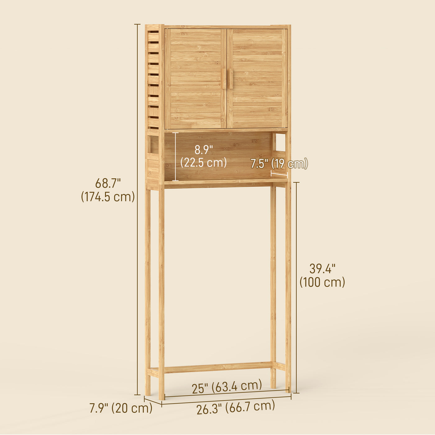 Over the Toilet Cabinet, Bathroom Organizer with 2 Doors, Open Compartment and Adjustable Shelf, Natural Wood Finish