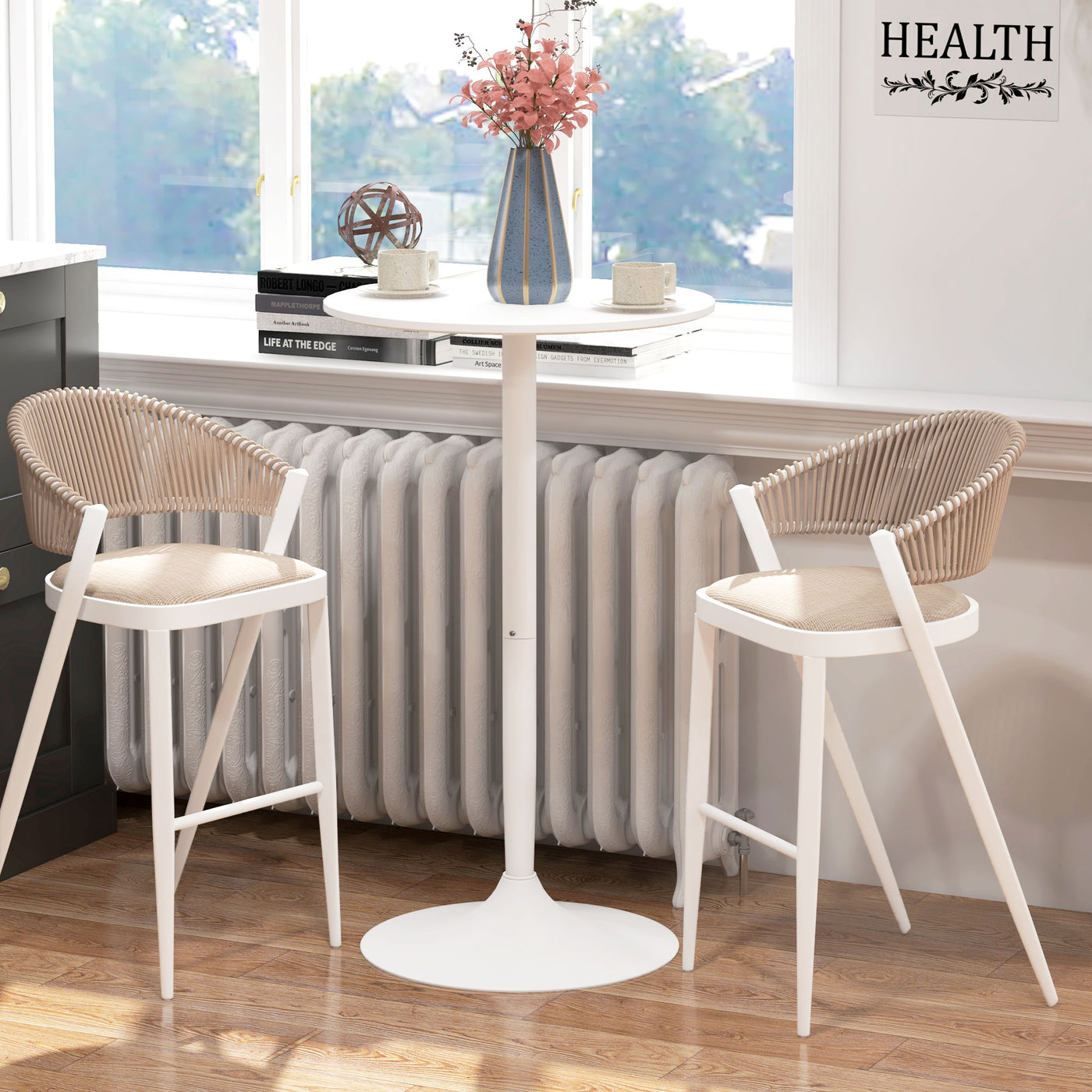 High Top Bar Table, Modern Round Dining Table with Painted Top and Steel Base, Bistro Table for 2 People, White