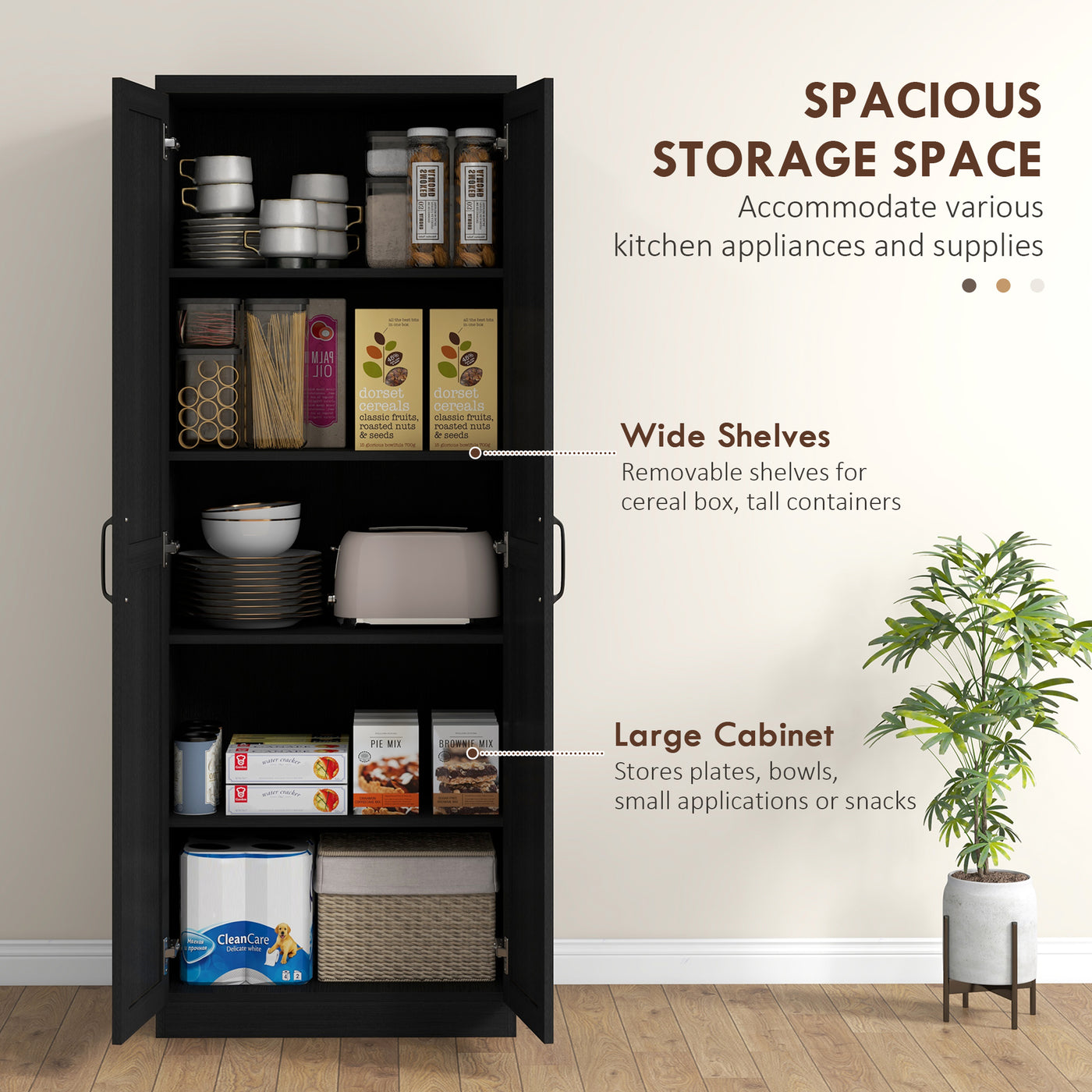 63" Kitchen Storage Cabinet, 5-tier Pantry Cabinet with Doors and Adjustable Shelves for Dining Room, Black