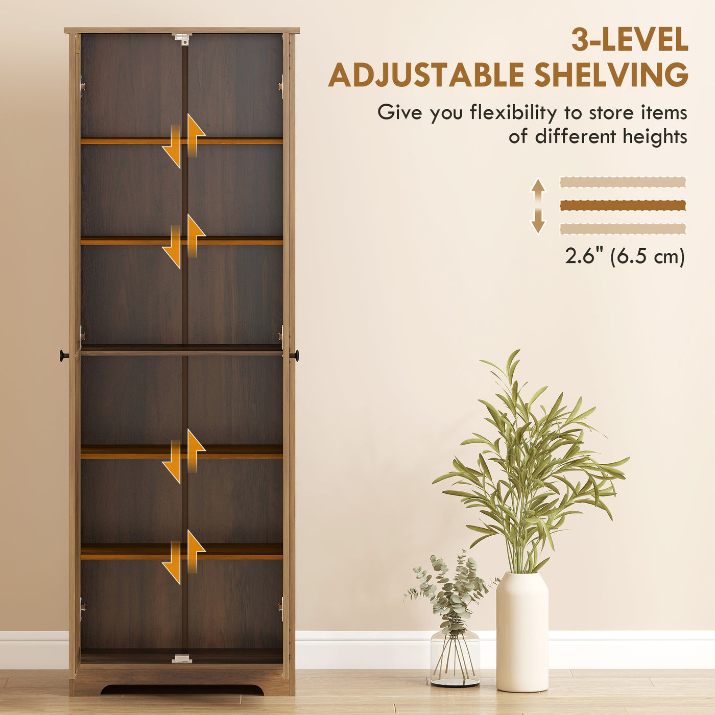 67" Farmhouse Pantry Cabinet with 2 Doors, Tall Storage Cabinet with Adjustable Shelves, Brown Wood Grain