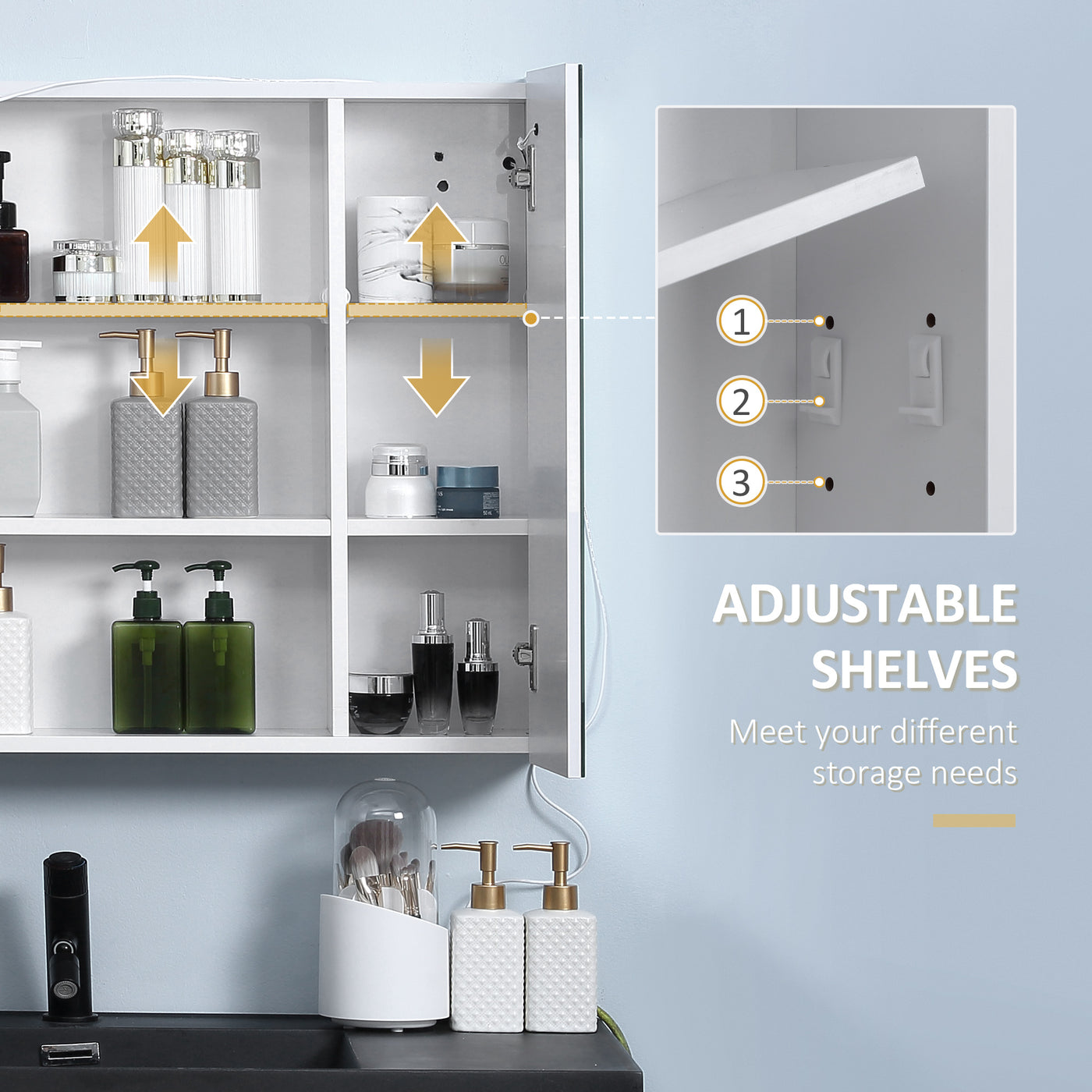 LED Medicine Cabinet with Mirror and Lights, 27.5" x 25.5" Lighted Bathroom Wall Cabinet, Bathroom Mirror Cabinet with Adjustable Shelf, USB Charge, White