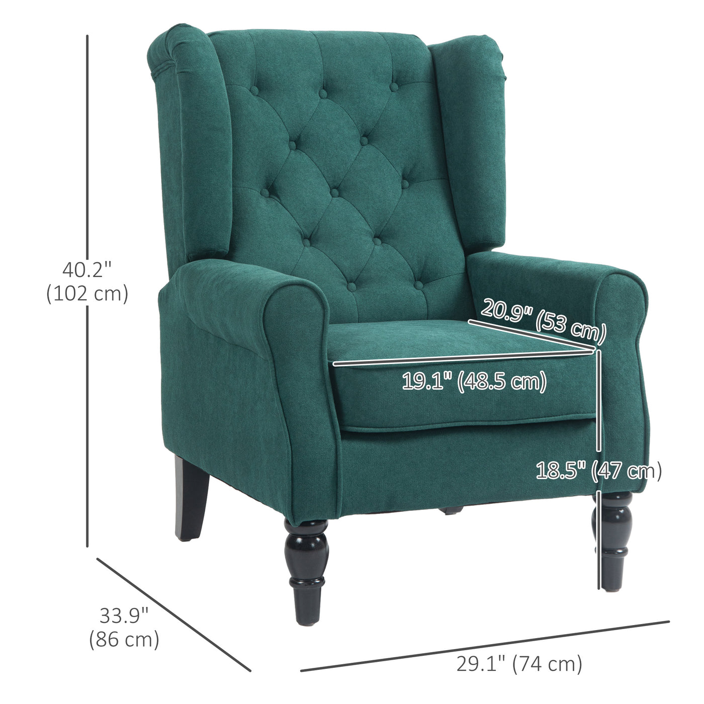 Fabric Accent Chair, Button Tufted Armchair, Armchair with Wood Legs, Thick Padding for Bedroom Dark Green