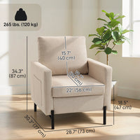 Accent Chair Modern Upholstered Armchair with Side Pockets and Cushion for Bedroom, Living Room, Beige