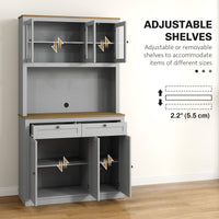 71" Pantry Cabinet with Microwave Space, Buffet with Hutch, 2 Drawers, Adjustable Shelves and Glass Doors, Grey