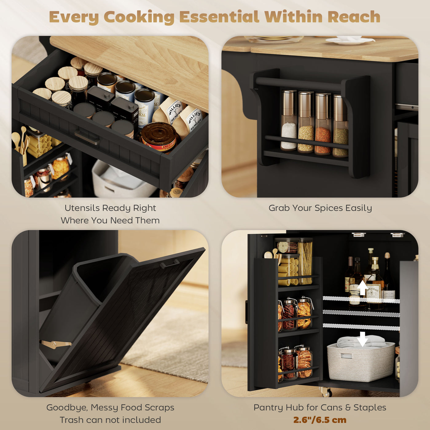 Kitchen Island Cart, Portable Kitchen Island Table with Charging Station, Rubber Wood Drop Leaf, Trash Storage, Black