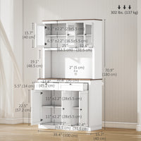 71" Pantry Cabinet with Microwave Space, Buffet with Hutch, 2 Drawers, Adjustable Shelves and Glass Doors, White