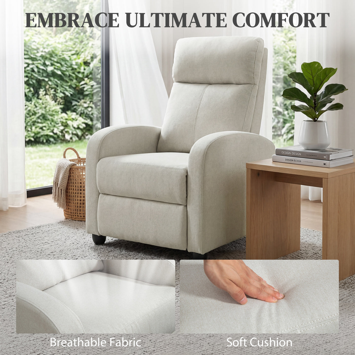 Fabric Recliner Chair Manual Home Theater Seating Single Reclining Sofa Chair with Padded Seat, Cream White