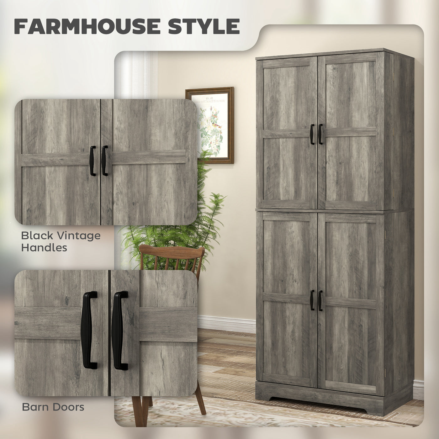 Farmhouse Kitchen Pantry Cabinet, Kitchen Cabinet with Barn Doors, Adjustable Shelves and Door Racks, Distressed Grey