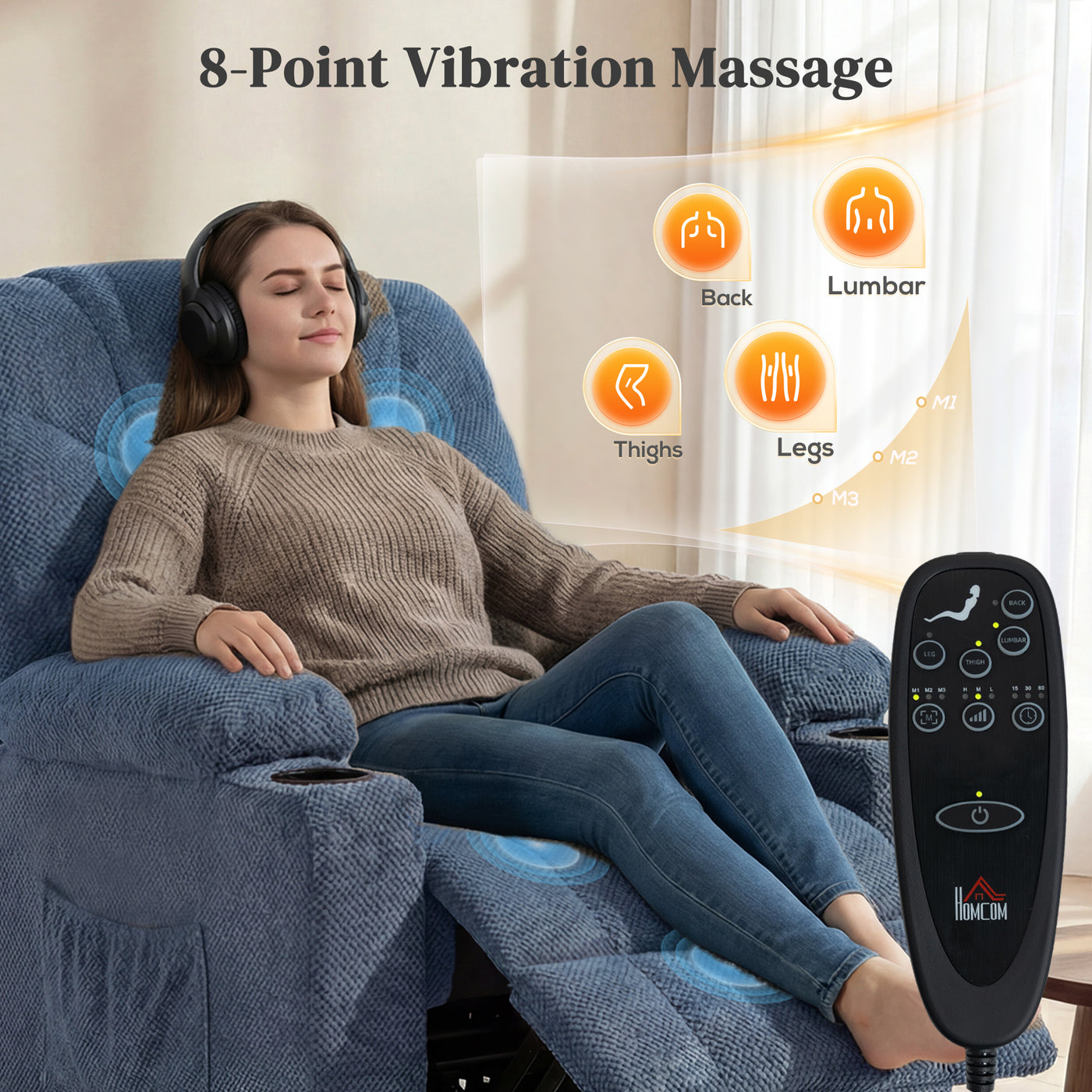 Power Recliner Chair with Massage, Electric Lift Chair for Elderly with Side Pockets, Cup Holders, Remote, Blue