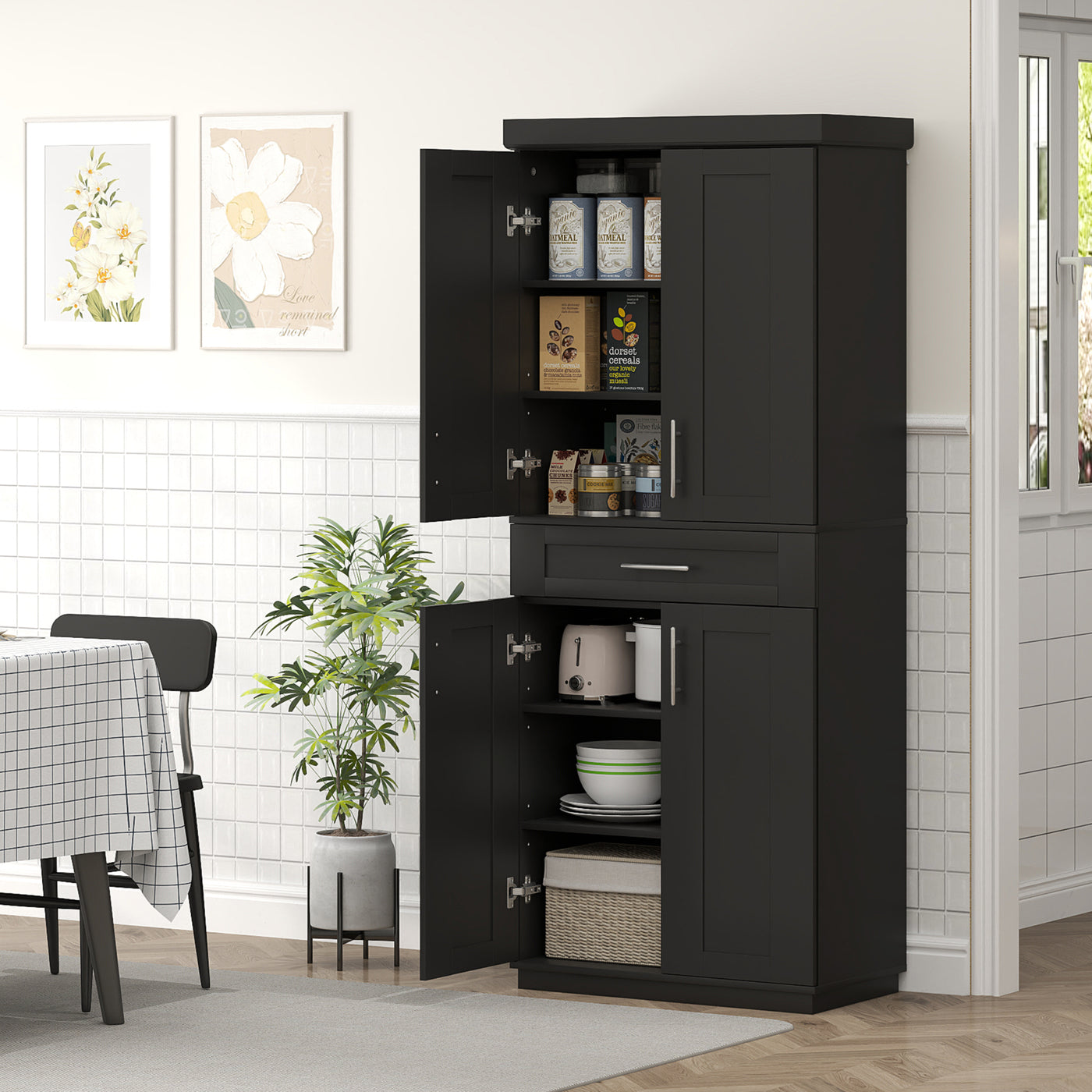 72" Storage Cabinet, Freestanding Kitchen Pantry Cabinet with 4 Doors, Drawer and 3 Adjustable Shelves, Black
