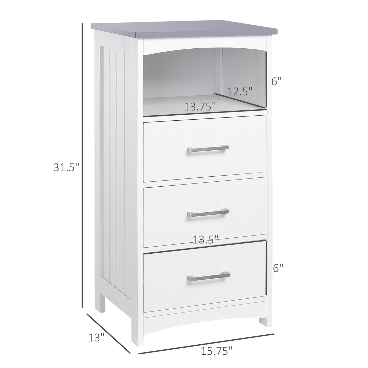 Small Bathroom Storage Cabinet, Floor Cabinet with 3 Drawers and Open Component, Narrow Bathroom Cabinet, White