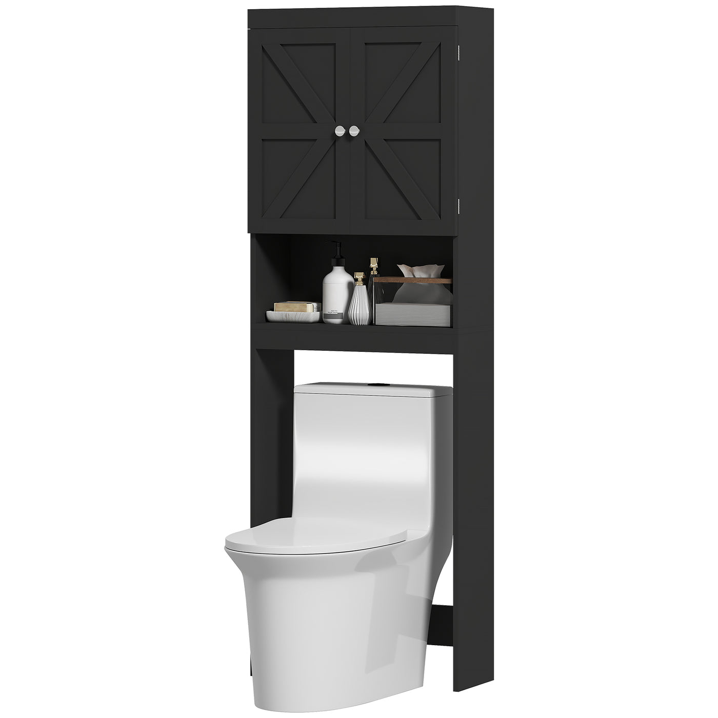 Over The Toilet Cabinet, Modern Bathroom Above Toilet Storage with Barn Doors and Open Shelf, Black